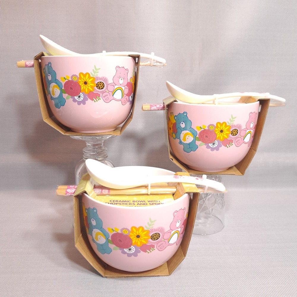 Set of 3 Care Bears Pink/Multicolor Floral Ceramic Ramen Bowls Chopsticks Spoon